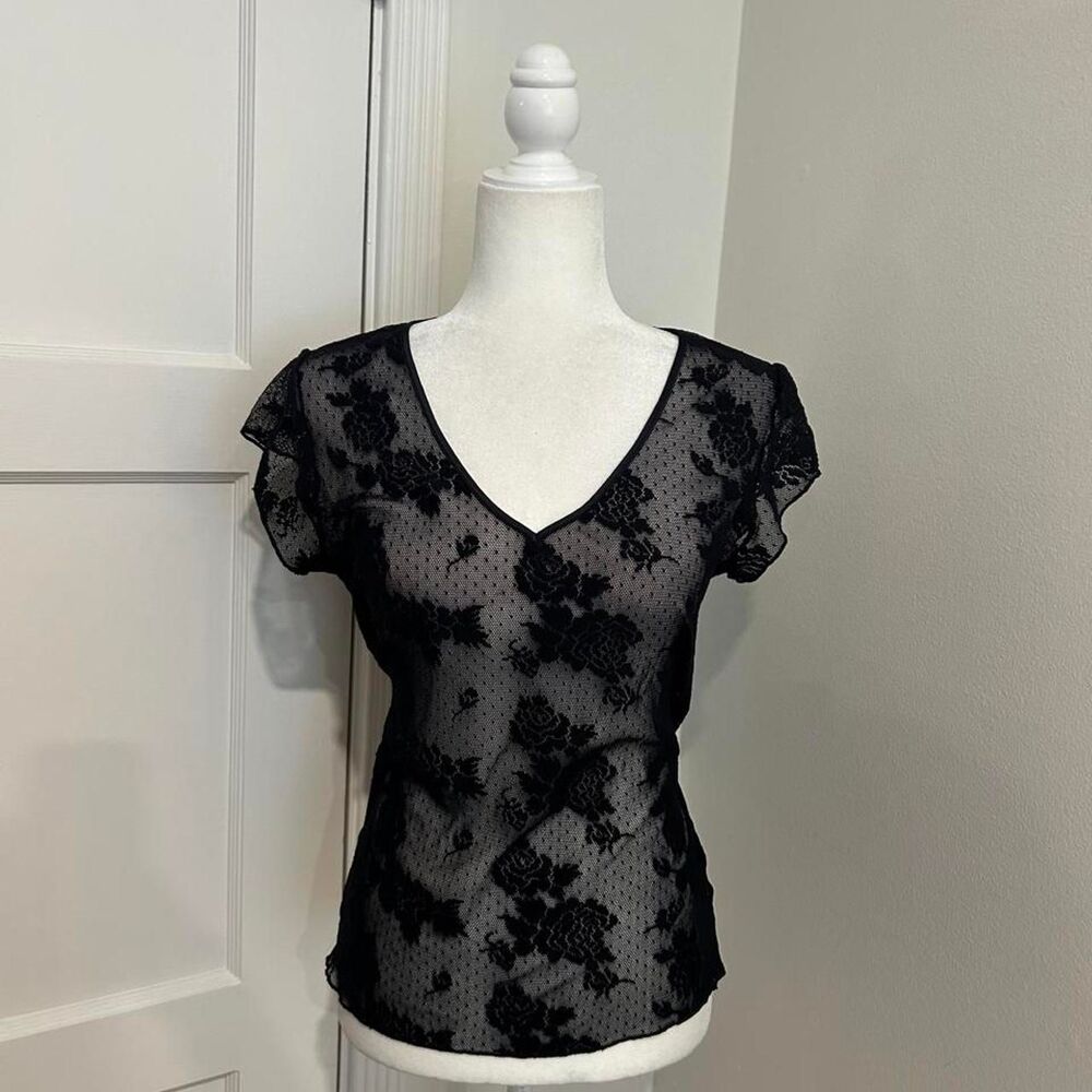 Black sheer lace floral top with ruffle sleeves